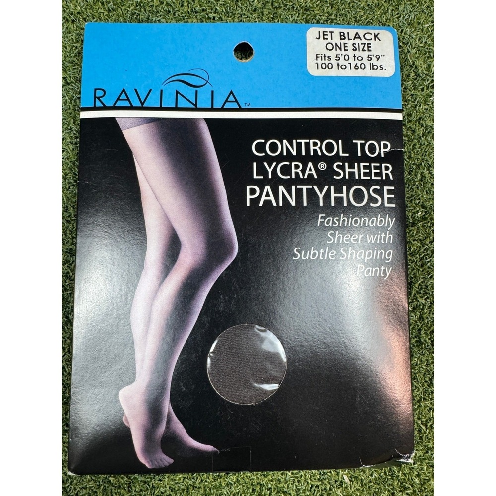 Vintage Ravinia Control Top Lycra Sheer Pantyhose Jet Black One Size Hosiery NIP